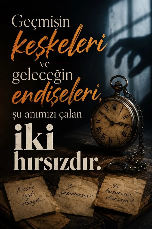 Eski cep saati ve keşkelerle endişeleri anlatan notlar yanında, geçmişin ve geleceğin şu anı çaldığını ifade eden anlamlı söz.