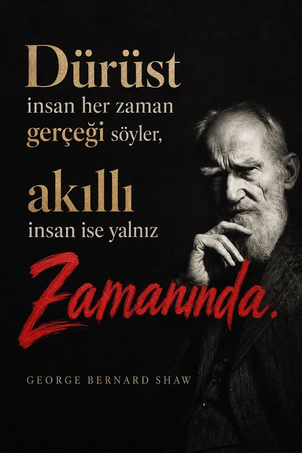 Koyu fonda yaşlı düşünür portresi ve dürüst insanın gerçeği, akıllı insanın ise doğru zamanda söylediğini anlatan George Bernard Shaw sözü.
