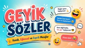 Geyik Sözler Komik, Eğlenceli ve Esprili Mesajlar başlıklı, sohbet balonları, gülen emojiler ve renkli yazı tasarımıyla hazırlanmış eğlenceli kapak görseli.
