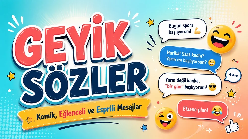 Geyik Sözler Komik, Eğlenceli ve Esprili Mesajlar başlıklı, sohbet balonları, gülen emojiler ve renkli yazı tasarımıyla hazırlanmış eğlenceli kapak görseli.