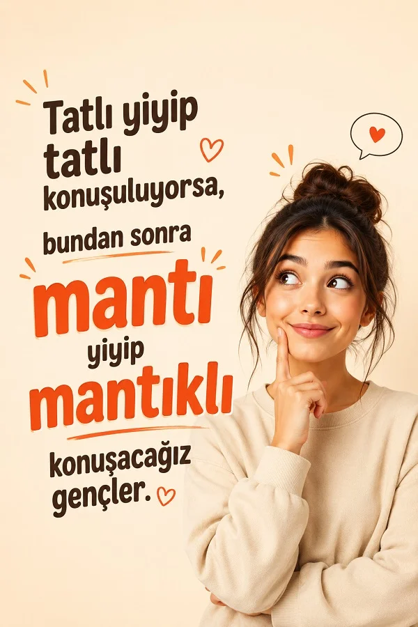 Açık renk arka planda düşünen genç kadınla birlikte, “Tatlı yiyip tatlı konuşuluyorsa, bundan sonra mantı yiyip mantıklı konuşacağız gençler.” yazısı bulunuyor.