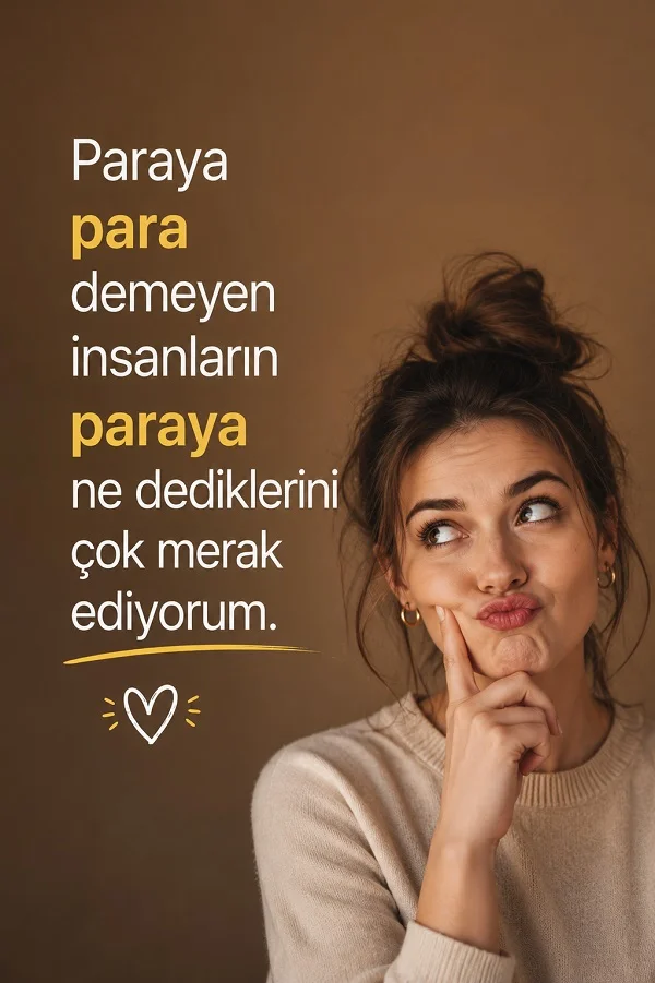 Kahverengi arka plan önünde düşünen genç kadının yanında, “Paraya para demeyen insanların paraya ne dediklerini çok merak ediyorum.” sözü yazıyor.