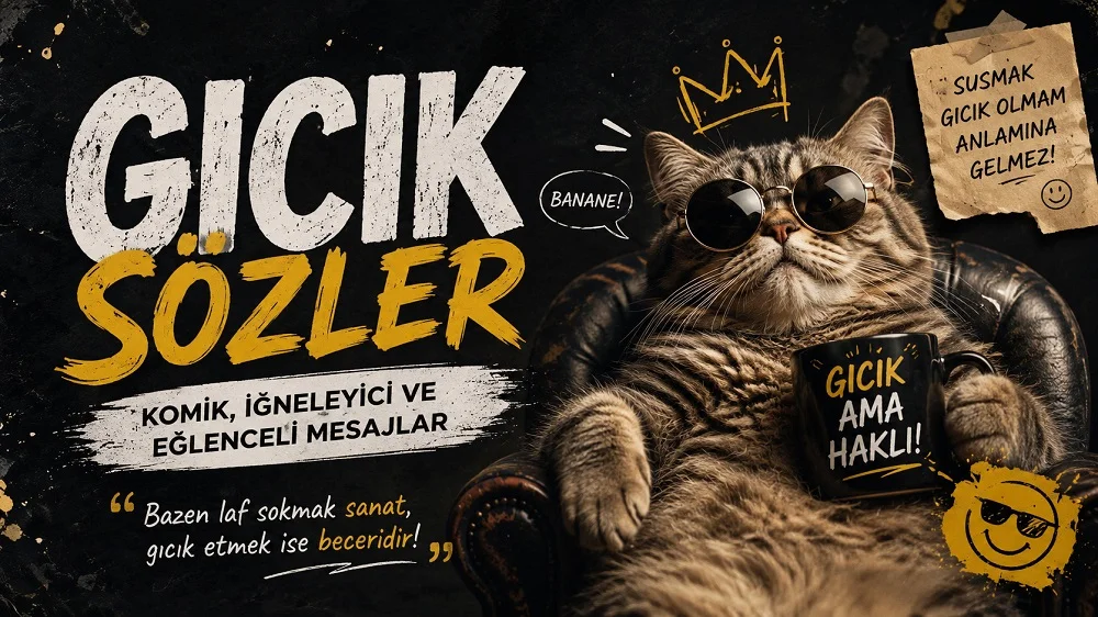 Gıcık Sözler başlıklı, güneş gözlüklü kedi, mizahi yazılar, grafiti detayları ve koyu arka planla hazırlanmış kapak görseli.