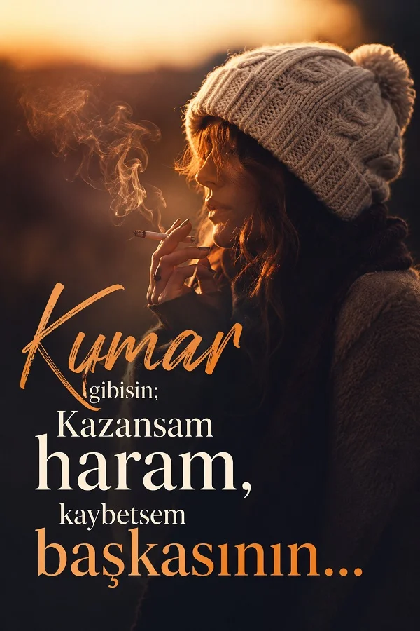 Örgü bereli, sigara içen kadın ve “Kumar gibisin; kazansam haram, kaybetsem başkasının” sözünün yer aldığı karanlık tonlu görsel.