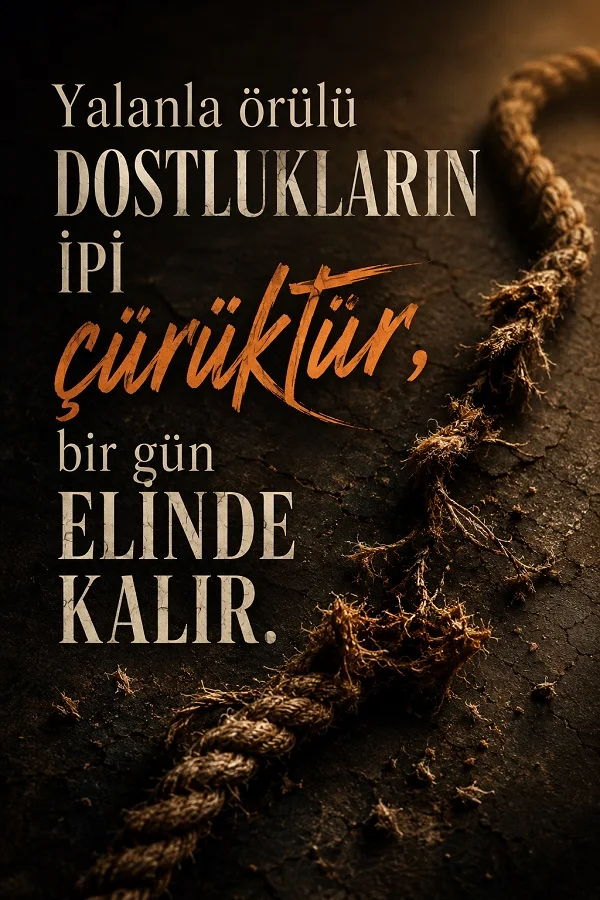 Yıpranmış ve kopmuş halat üzerinde, yalanla örülü dostlukların ipinin çürük olduğunu anlatan söz görseli.
