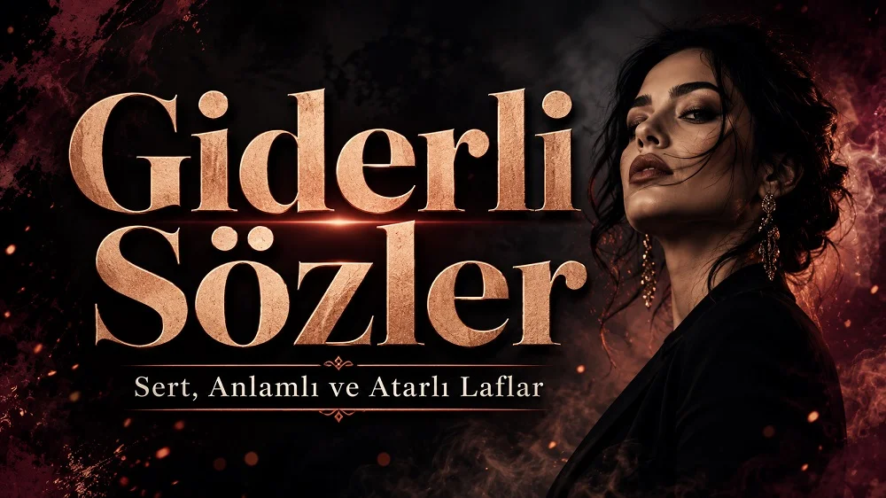 Giderli Sözler yazısının yer aldığı, koyu tonlarda dumanlı arka plan, bakır renkli büyük tipografi ve özgüvenli kadın figürü bulunan kapak tasarımı.