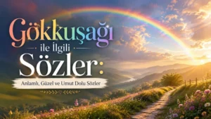 Gökkuşağı, gün doğumu, çiçekli doğa yolu ve büyük tipografiyle hazırlanmış “Gökkuşağı ile İlgili Sözler: Anlamlı, Güzel ve Umut Dolu Sözler” başlıklı modern kapak görseli.