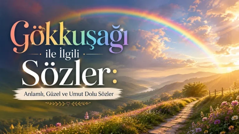 Gökkuşağı, gün doğumu, çiçekli doğa yolu ve büyük tipografiyle hazırlanmış “Gökkuşağı ile İlgili Sözler: Anlamlı, Güzel ve Umut Dolu Sözler” başlıklı modern kapak görseli.
