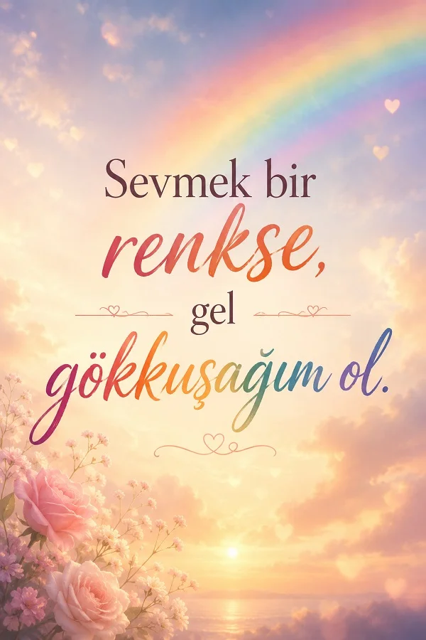 Pastel gökyüzü, gökkuşağı ve pembe çiçekler eşliğinde “Sevmek bir renkse, gel gökkuşağım ol.” yazılı romantik söz görseli.