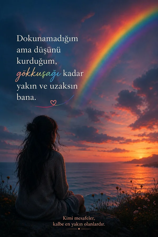 Gün batımında deniz kıyısında oturan bir kadın silüeti ve gökyüzünde gökkuşağı bulunan sahnede “Dokunamadığım ama düşünü kurduğum, gökkuşağı kadar yakın ve uzaksın bana.” sözü yer alıyor.