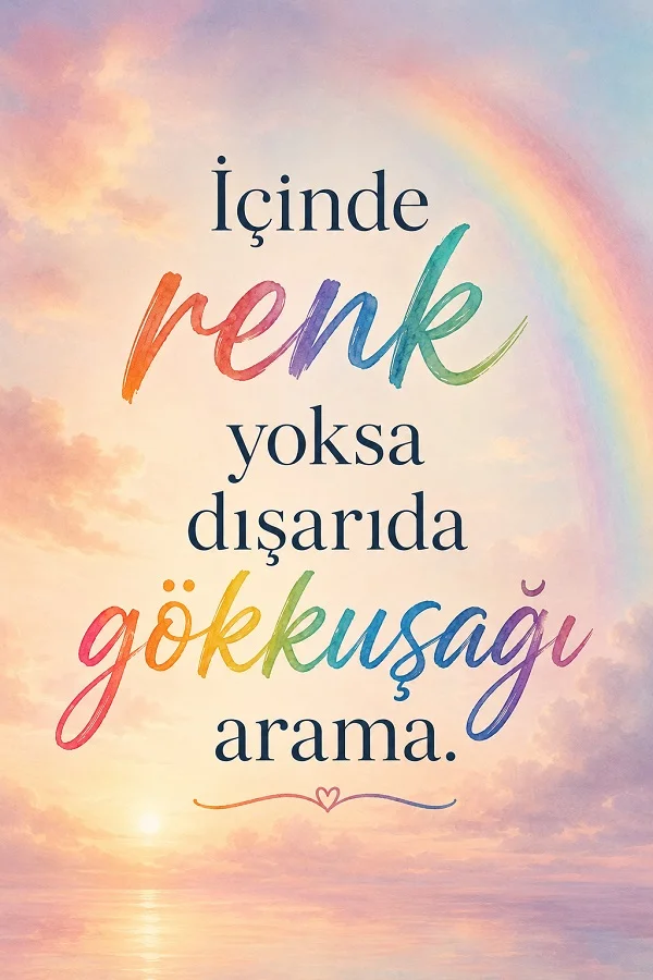 Pastel bulutlu gökyüzü ve silik bir gökkuşağı fonunda “İçinde renk yoksa dışarıda gökkuşağı arama.” yazılı söz görseli.