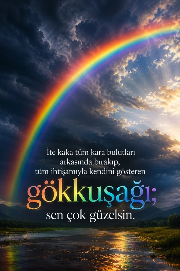 Fırtınalı gökyüzü üzerinde büyük bir gökkuşağı ve su kenarı manzarası bulunan görselde “İte kaka tüm kara bulutları arkasında bırakıp, tüm ihtişamıyla kendini gösteren gökkuşağı, sen çok güzelsin.” yazıyor.