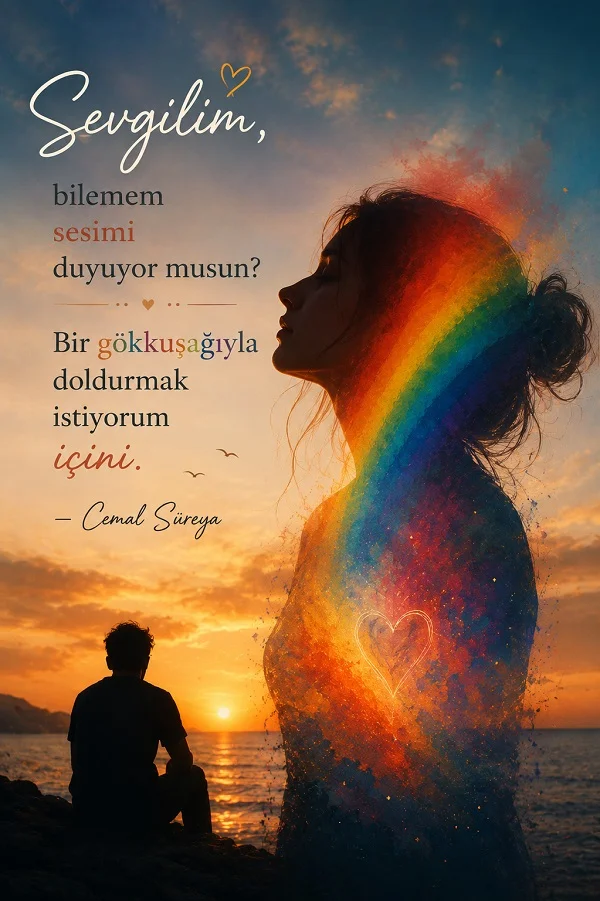 Gün batımında deniz kenarında kadın silüeti ve gökkuşağı renkli figür bulunan görselde “Sevgilim, bilemem sesimi duyuyor musun? Bir gökkuşağıyla doldurmak istiyorum içini. – Cemal Süreya” sözü yer alıyor.