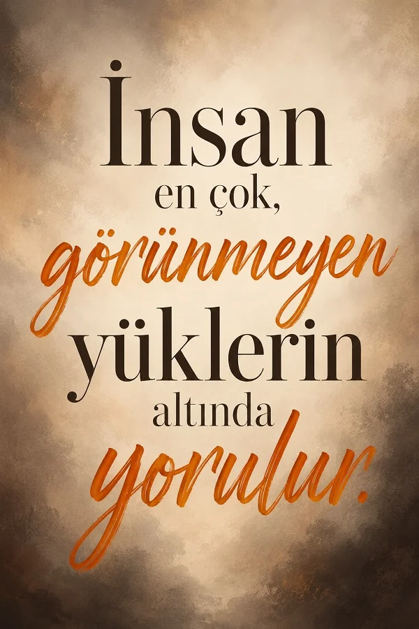 Açık sisli arka plan üzerinde “İnsan en çok, görünmeyen yüklerin altında yorulur.” sözü yer alan anlamlı tipografik çalışma.