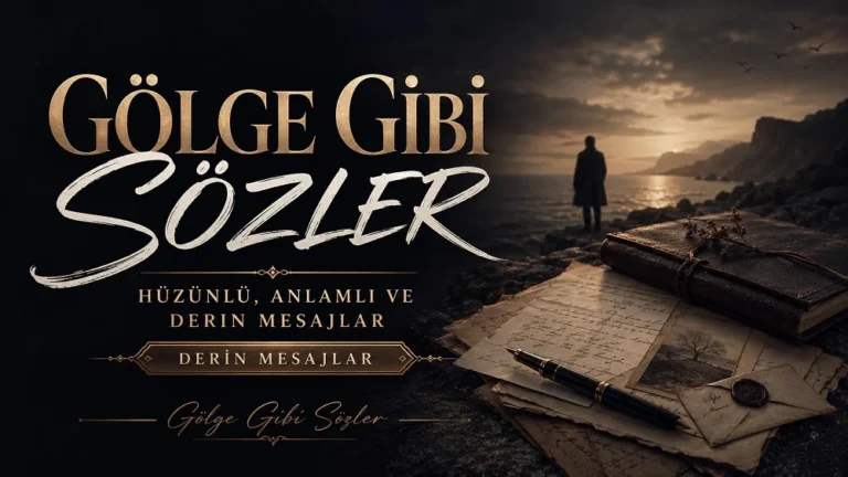 Gölge gibi sözler başlıklı, karanlık sahil manzarası, yalnız insan silüeti, eski defter, mektup ve kalem detaylarıyla hazırlanmış hüzünlü ve derin sözler kapak görseli.