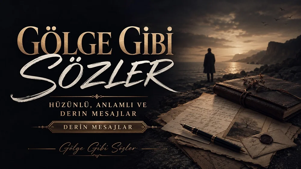 Gölge gibi sözler başlıklı, karanlık sahil manzarası, yalnız insan silüeti, eski defter, mektup ve kalem detaylarıyla hazırlanmış hüzünlü ve derin sözler kapak görseli.