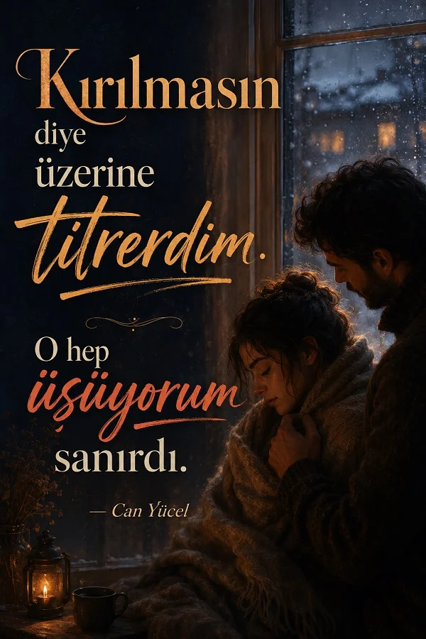Yağmurlu pencere önünde battaniyeye sarılmış bir kadın ve yanında duran bir erkeğin bulunduğu sahnede, “Kırılmasın diye üzerine titrerdim. O hep üşüyorum sanırdı.” Can Yücel sözü yer alıyor.