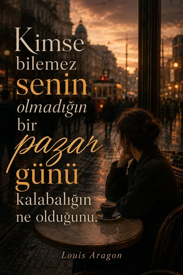 Şehir manzarasına bakan bir kafede yalnız oturan kadının yer aldığı görselde, “Kimse bilemez senin olmadığın bir pazar günü kalabalığın ne olduğunu.” Louis Aragon sözü yazıyor.