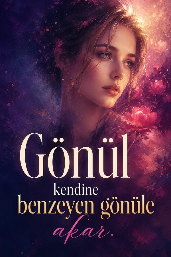 Mor ve pembe çiçeksi arka plan önünde genç bir kadın portresinin yer aldığı görselde, “Gönül kendine benzeyen gönüle akar.” sözü yazıyor.