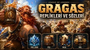 Gragas replikleri ve sözleri başlıklı kapak görselinde, büyük köpüklü fıçısını kaldıran Gragas neşeli ve hareketli bir atmosferde öne çıkarken arka planda kalabalık ve eğlenceli savaş sahnesi yer alıyor.