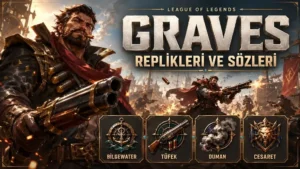 Graves replikleri ve sözleri başlıklı kapak görselinde, Bilgewater atmosferinde tüfeğini tutan Graves karakteri dumanlı ve hareketli bir savaş sahnesinde gösteriliyor.