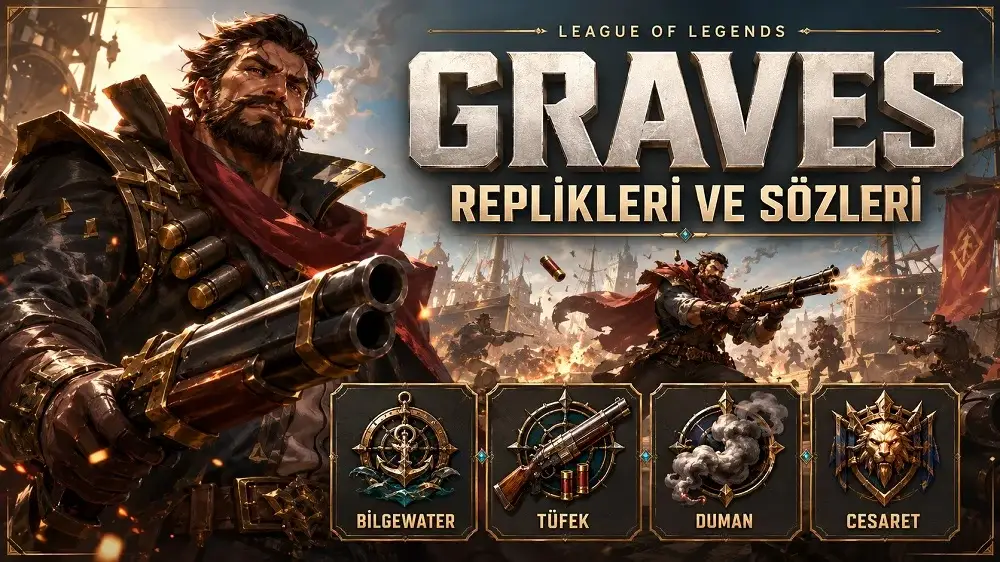 Graves replikleri ve sözleri başlıklı kapak görselinde, Bilgewater atmosferinde tüfeğini tutan Graves karakteri dumanlı ve hareketli bir savaş sahnesinde gösteriliyor.