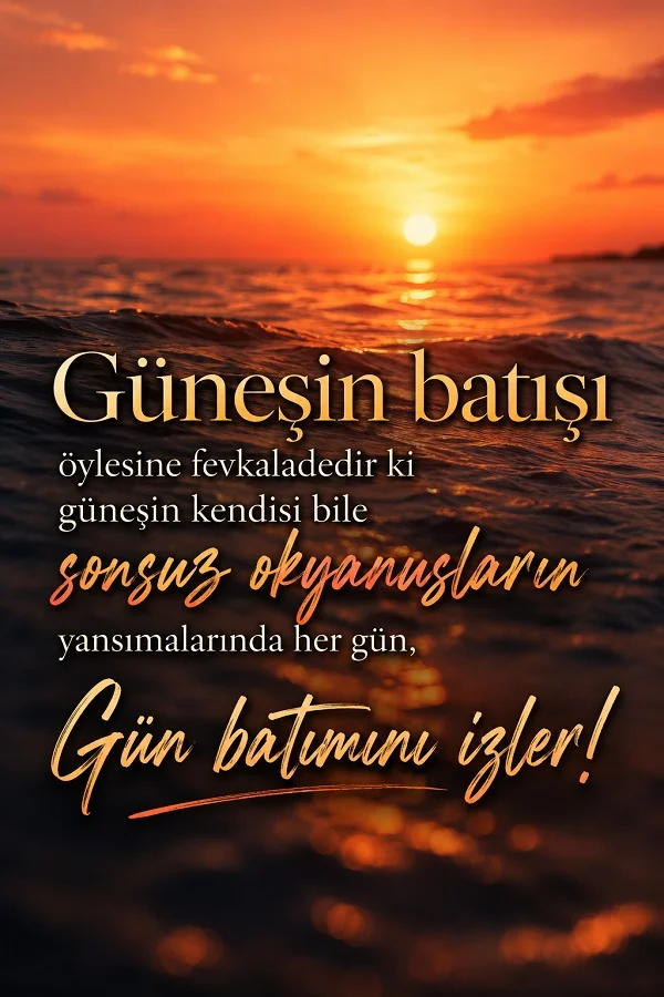 Gün batımında deniz yüzeyinin turuncu ve altın ışıklarla parladığı görselde “Güneşin batışı öylesine fevkaladedir ki güneşin kendisi bile sonsuz okyanusların yansımalarında her gün, Gün batımını izler!” sözü yer alıyor.