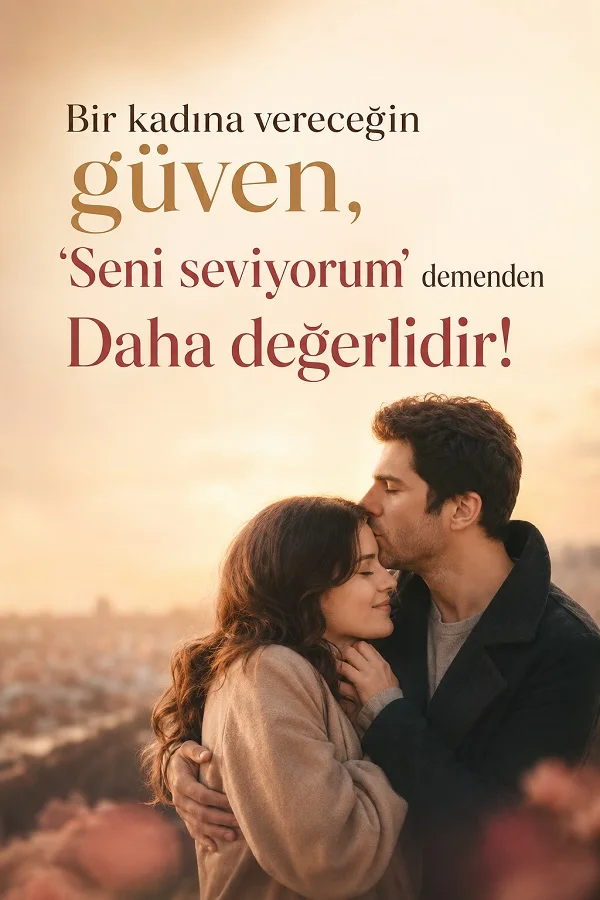 Gün batımı fonunda sarılan bir çiftin bulunduğu görselde “Bir kadına vereceğin güven, ‘Seni seviyorum’ demenden daha değerlidir!” sözü yazıyor.