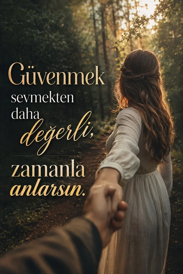 Orman yolunda önden yürüyen ve birinin elini tutan kadın figürü eşliğinde “Güvenmek sevmekten daha değerli, zamanla anlarsın.” sözü yer alıyor.