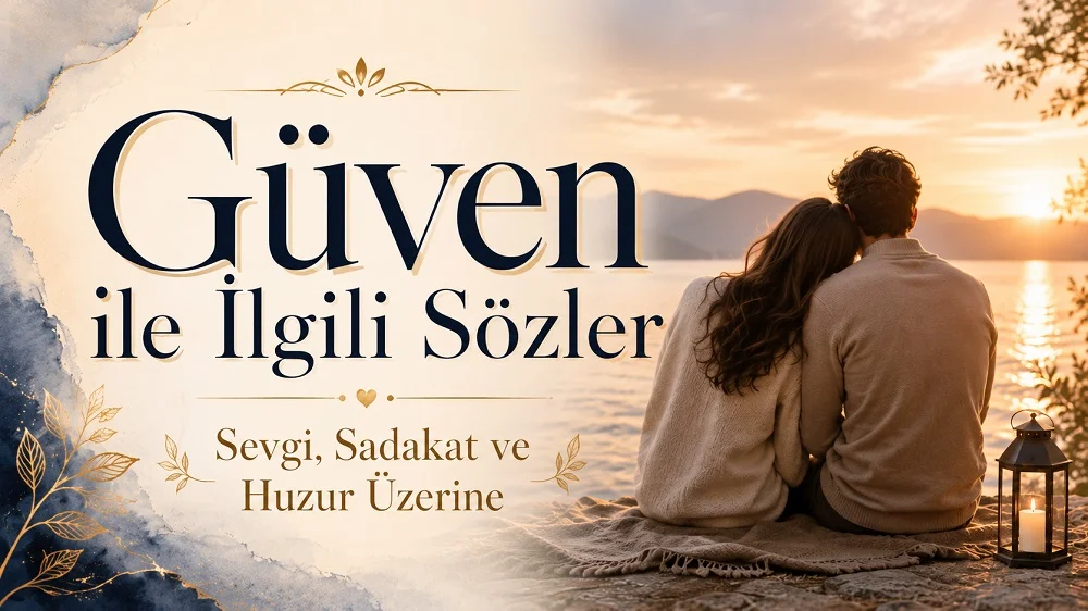 Gün batımı manzarasında deniz kenarında oturan çift, zarif süslemeler ve büyük tipografiyle hazırlanmış “Güven ile İlgili Sözler: Sevgi, Sadakat ve Huzur Üzerine” başlıklı modern kapak görseli.