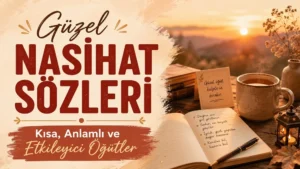 Sıcak gün batımı tonlarında hazırlanmış yatay kapak görselinde, sol tarafta “Güzel Nasihat Sözleri” başlığı ve “Kısa, Anlamlı ve Etkileyici Öğütler” alt metni; sağ tarafta ise defter, kalem, kahve fincanı, küçük not kartı ve fener detayları yer alıyor.