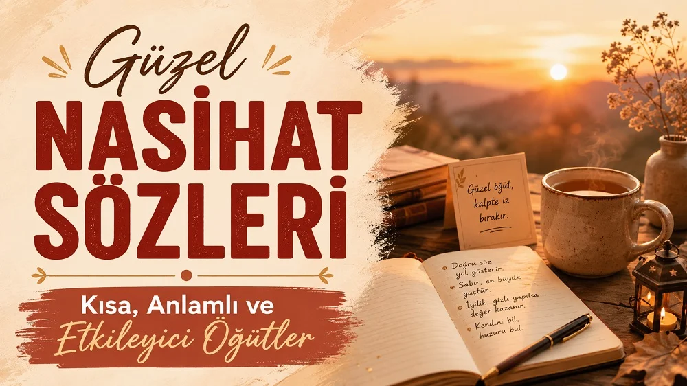 Sıcak gün batımı tonlarında hazırlanmış yatay kapak görselinde, sol tarafta “Güzel Nasihat Sözleri” başlığı ve “Kısa, Anlamlı ve Etkileyici Öğütler” alt metni; sağ tarafta ise defter, kalem, kahve fincanı, küçük not kartı ve fener detayları yer alıyor.