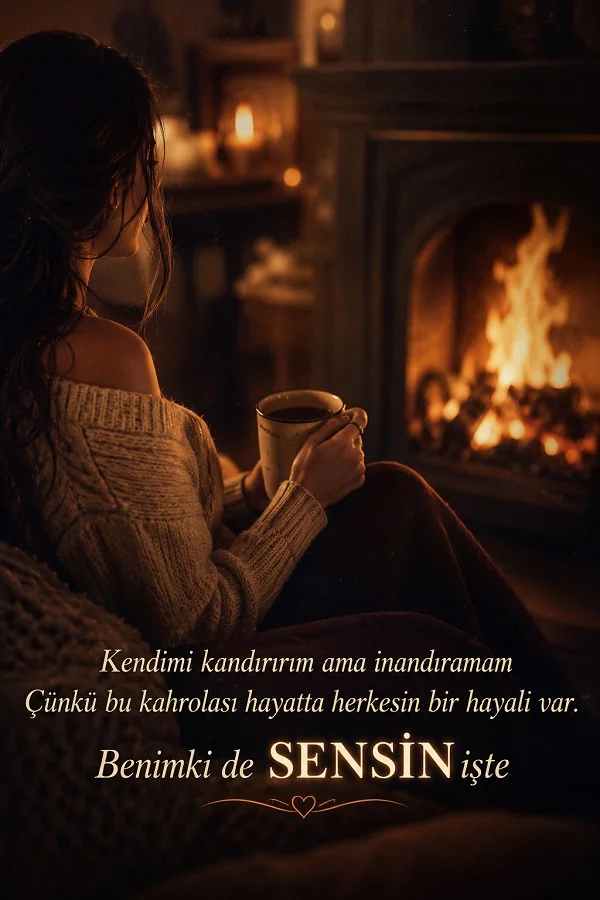 Şömine karşısında kahve tutan kadın ve hayal üzerine yazılmış duygusal güzel söz.