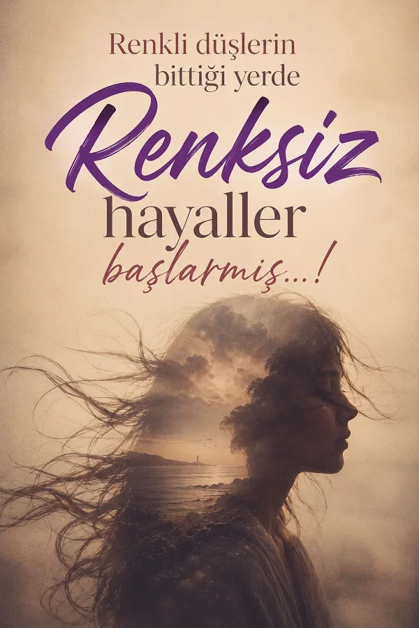 Kadın silüeti ve renksiz hayaller üzerine yazılmış sanatsal güzel söz.