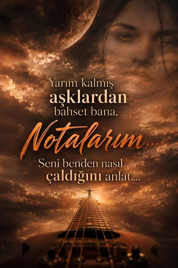 Gitar teli ve gökyüzü fonunda yarım kalmış aşklar üzerine yazılmış söz.