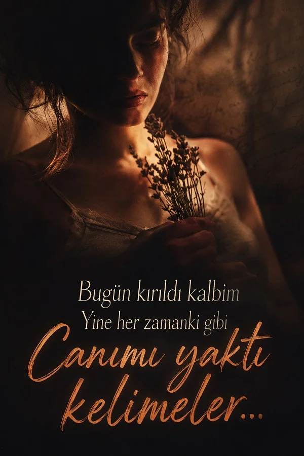 Loş ışıkta çiçek tutan kadın ve canımı yaktı kelimeler sözlü hüzünlü tasarım.