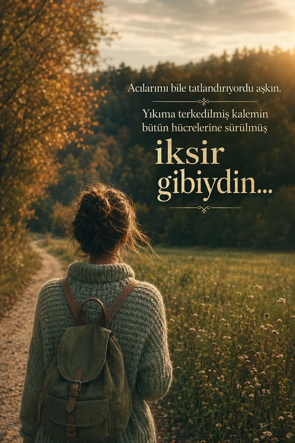 Orman yolunda yürüyen kadın ve aşkı iksir gibi anlatan romantik söz.
