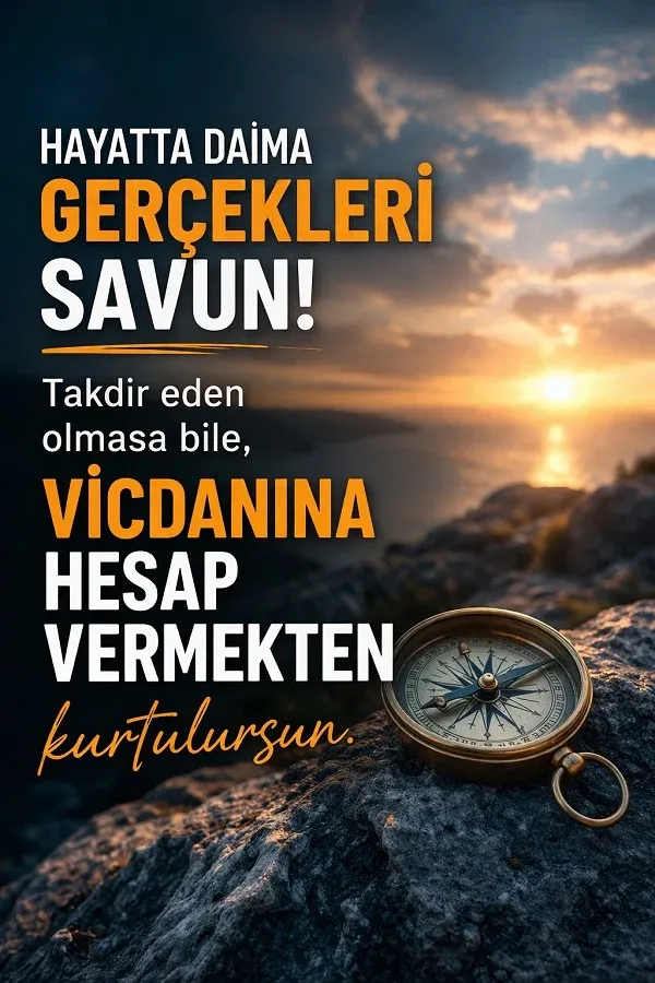 Kayalık üzerinde pusula ve gerçekleri savunmak üzerine yazılmış vicdan temalı söz.