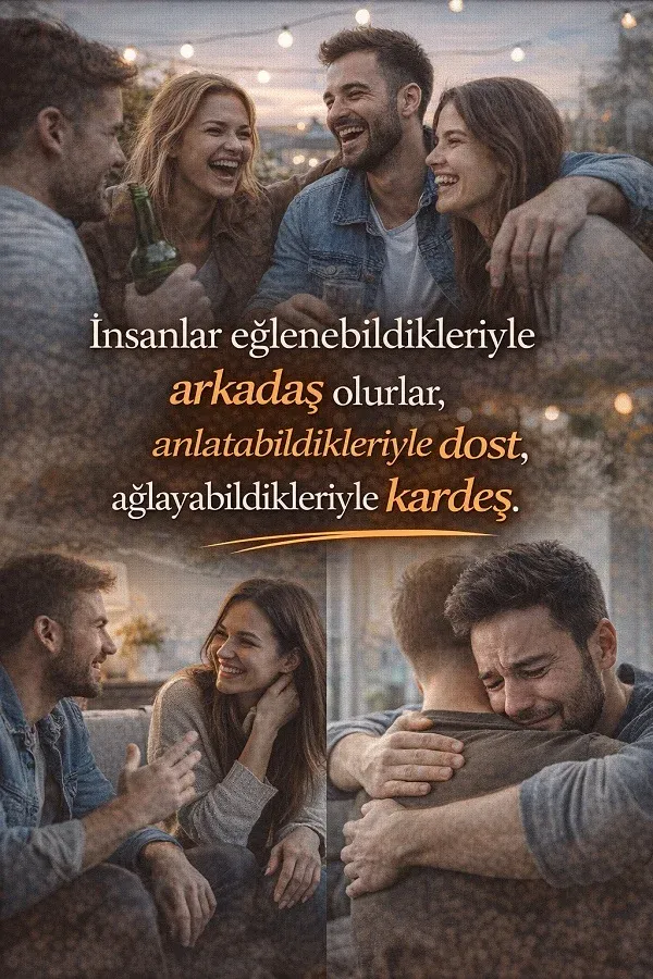 Gülen ve sarılan arkadaş grubu ile dostluk ve kardeşlik üzerine yazılmış anlamlı söz.