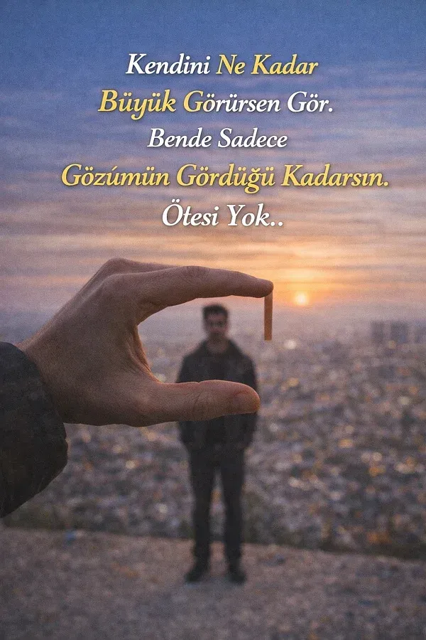 Şehir manzarasında eliyle insanı küçük gösteren kişi ve kendini büyük görmek üzerine söz.
