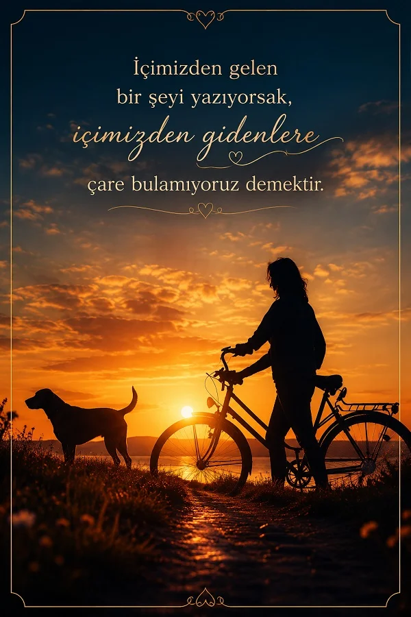 Gün batımında bisikletli kadın silüeti ve içimizden gidenler üzerine yazılmış söz.
