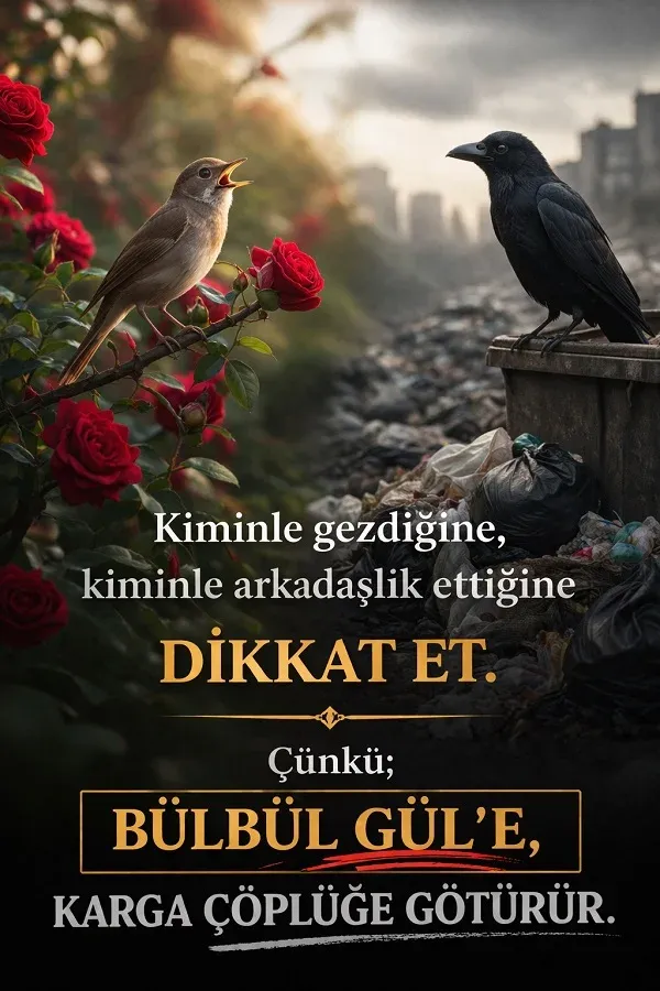 Gül dalındaki bülbül ve çöplük yanındaki karga ile arkadaş seçimi üzerine söz.