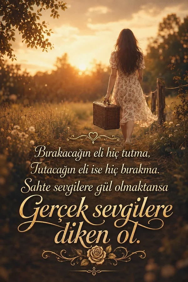 Gün batımında çiçekli elbiseli kadın ve gerçek sevgiler üzerine yazılmış güzel söz.