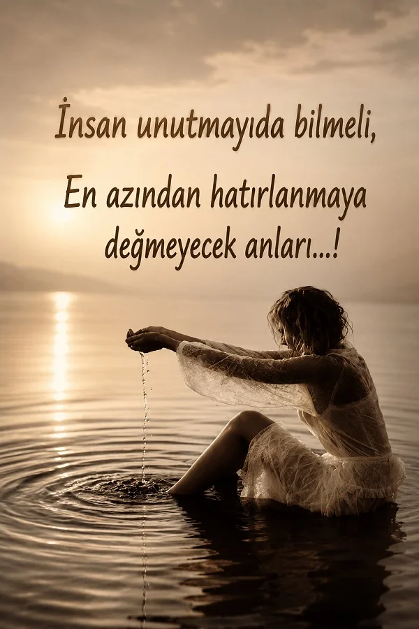 Su kenarında oturan kadın ve unutmayı bilmek üzerine yazılmış hüzünlü söz.