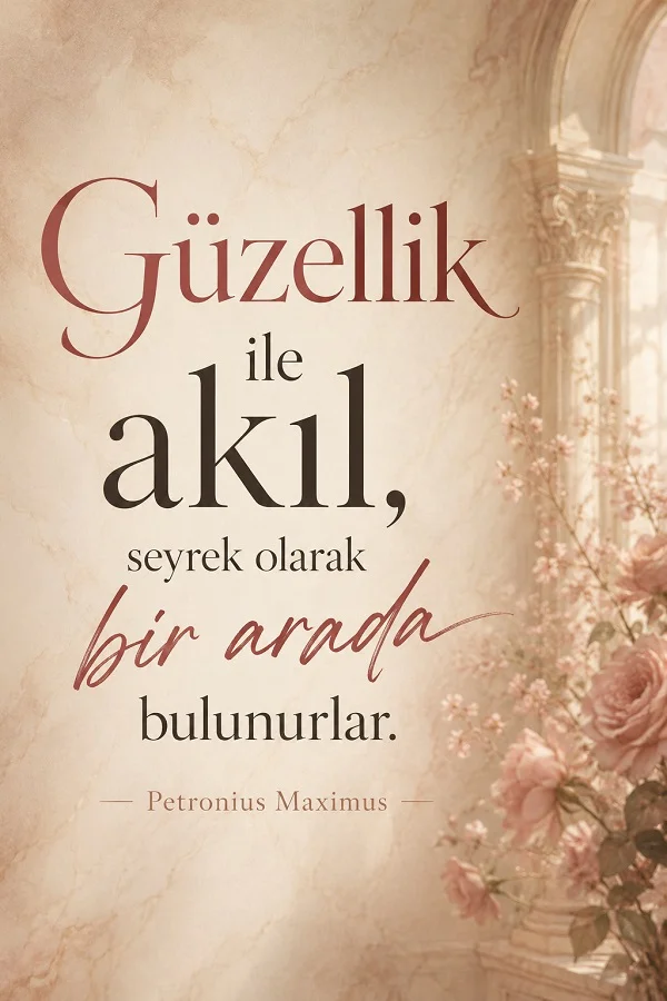 Klasik sütun ve çiçek detaylarının yer aldığı açık tonlu fonda, “Güzellik ile akıl, seyrek olarak bir arada bulunurlar.” sözü ve Petronius Maximus adı yer alıyor.