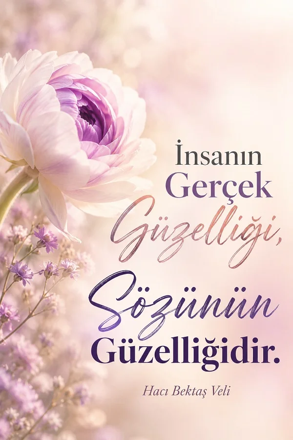 Açık pastel tonlarda büyük bir çiçek fonu üzerinde “İnsanın gerçek güzelliği, sözünün güzelliğidir” sözü ve altında Hacı Bektaş Veli adı yer alan tasarım.