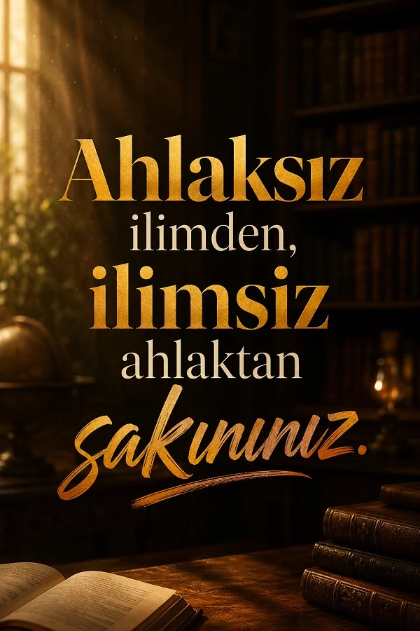 Loş ve sıcak tonlarda kitaplık fonu önünde “Ahlaksız ilimden, ilimsiz ahlaktan sakınınız” yazısının yer aldığı anlamlı söz tasarımı.