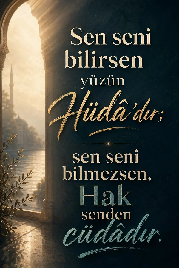Kemerli bir mekân ve dışarıda görünen cami silueti eşliğinde “Sen seni bilirsen yüzün Hüda’dır; sen seni bilmezsen, Hak senden cüdâdır” sözünü içeren tasarım.