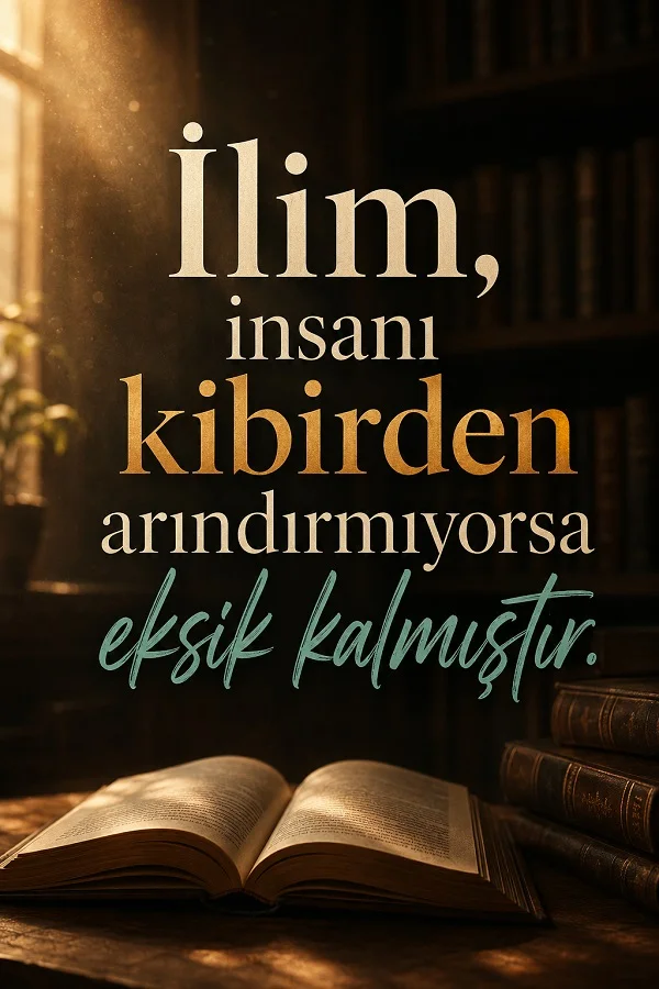 Açık kitap ve kitaplık arka planı üzerinde “İlim, insanı kibirden arındırmıyorsa eksik kalmıştır” sözünün yer aldığı anlamlı görsel.