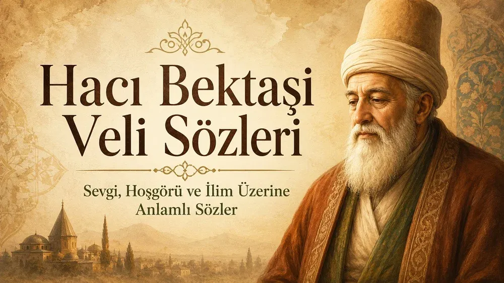 Sepya tonlarında tarihi bir arka plan üzerinde Hacı Bektaşi Veli’yi temsil eden geleneksel kıyafetli bilge kişi portresi ve “Hacı Bektaşi Veli Sözleri: Sevgi, Hoşgörü ve İlim Üzerine Anlamlı Sözler” yazısının yer aldığı yatay kapak görseli.